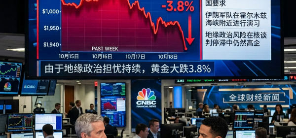 Financial news screen showing gold spot price down 3.8 percent with anchors discussing market impact