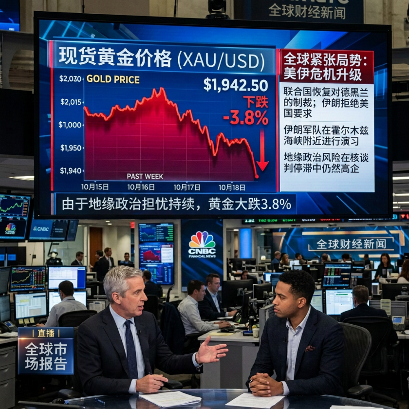 Financial news screen showing gold spot price down 3.8 percent with anchors discussing market impact