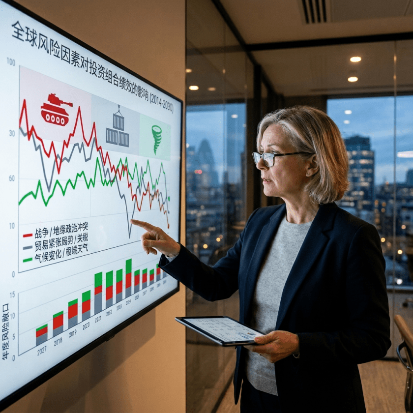 Businesswoman pointing at global risk factor impact graph on a digital screen