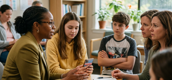 Therapist talking to a group of teenagers and adults in a counseling session.