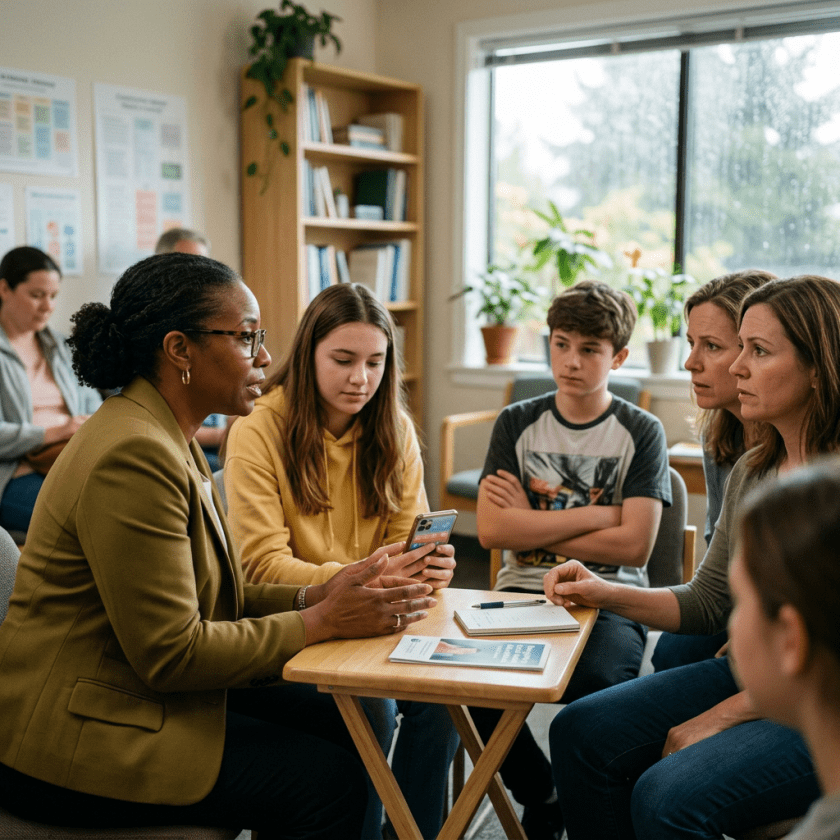 Therapist talking to a group of teenagers and adults in a counseling session.