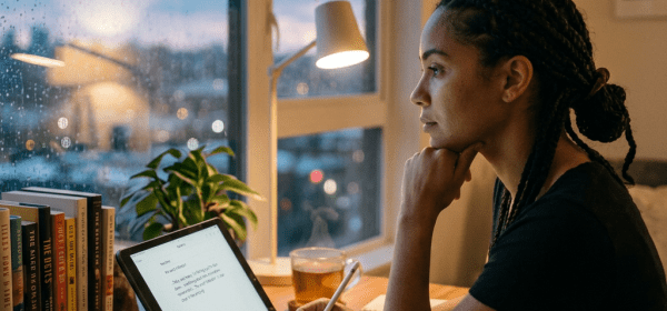 Woman writing on tablet at wooden desk near rainy window with books and lamp