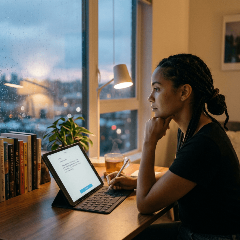 Woman writing on tablet at wooden desk near rainy window with books and lamp