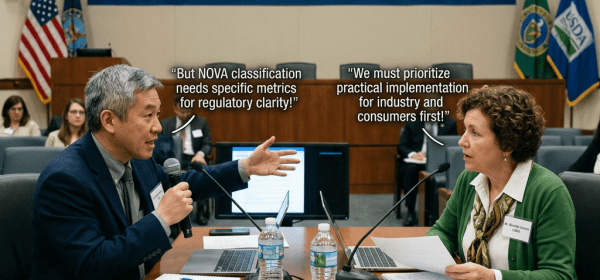 Two experts debating regulatory clarity and practical implementation of ultra-processed food classification at FDA and USDA public workshop