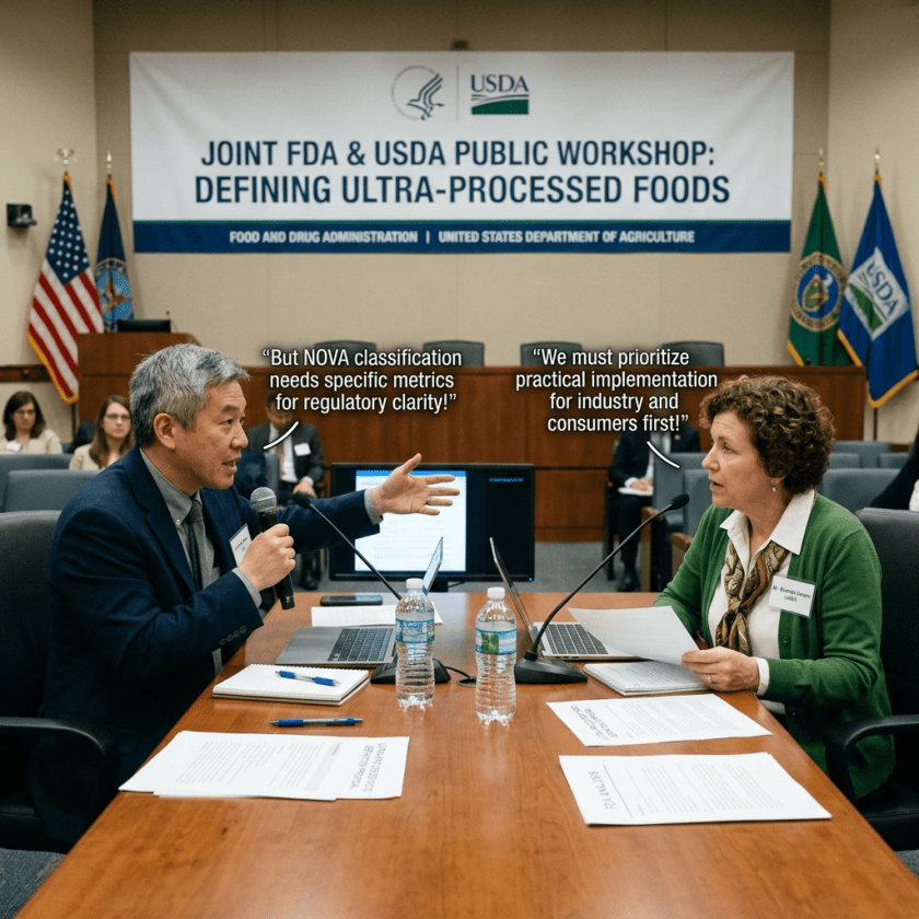 Two experts debating regulatory clarity and practical implementation of ultra-processed food classification at FDA and USDA public workshop