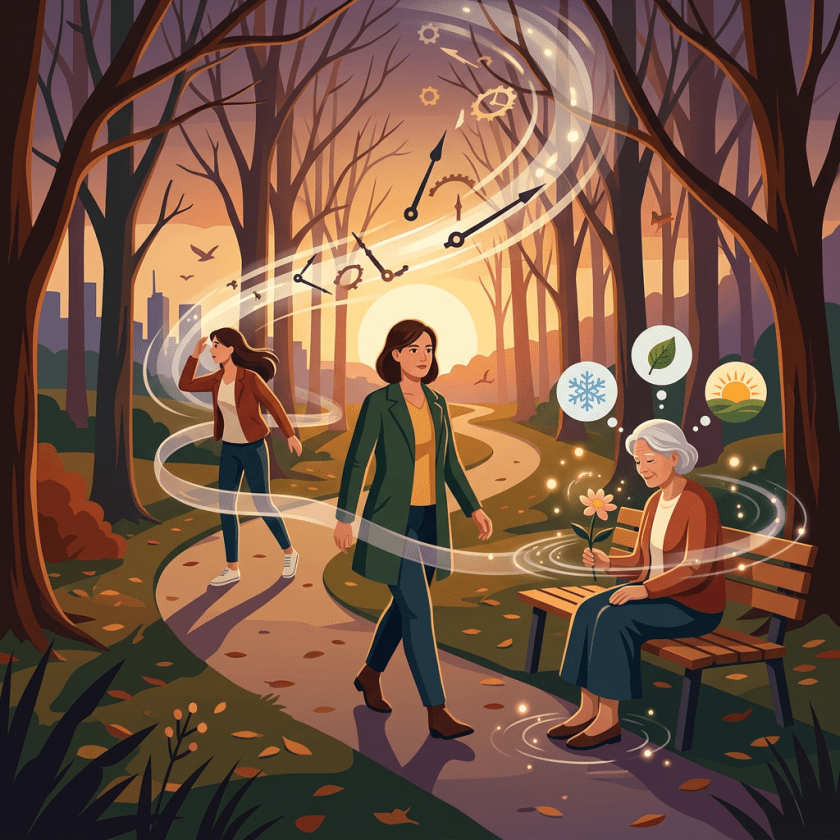 Three women at different life stages along a forest path with floating clocks and nature symbols