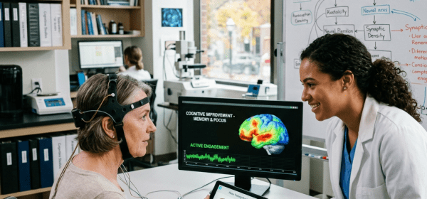 Older woman with neurofeedback headset interacting with cognitive puzzle on tablet, clinician beside her
