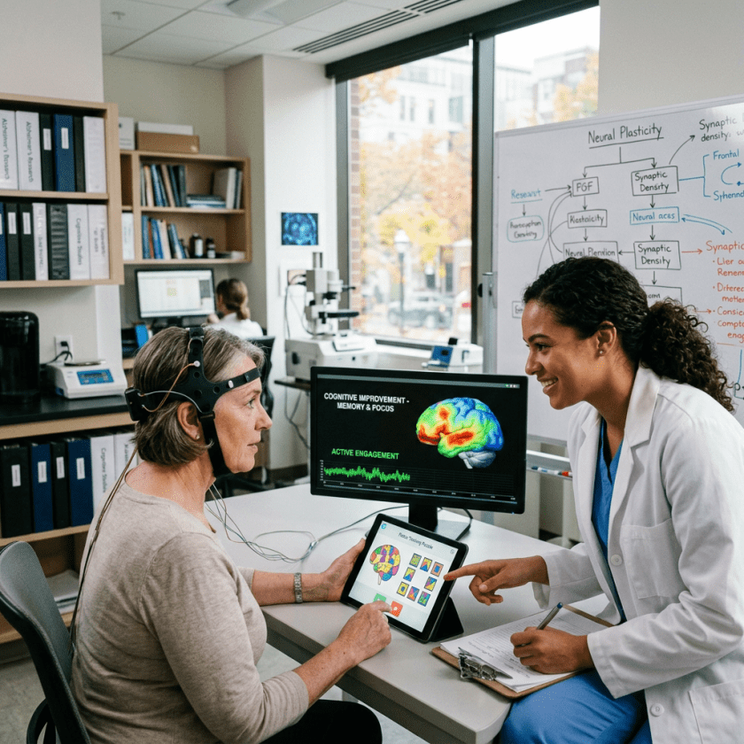 Older woman with neurofeedback headset interacting with cognitive puzzle on tablet, clinician beside her
