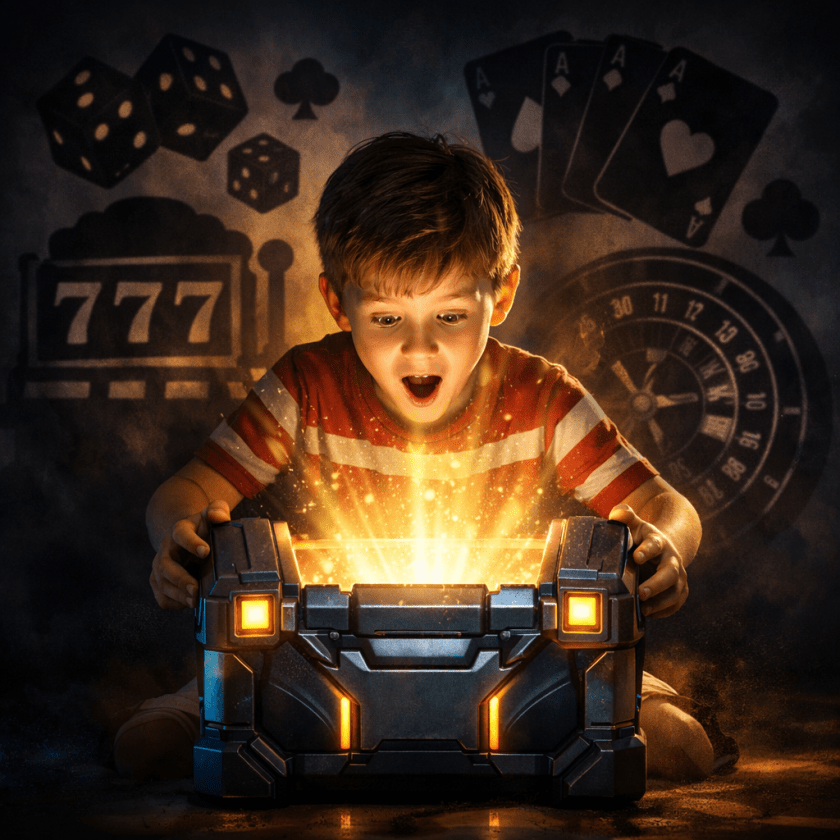 Boy opening a glowing futuristic treasure chest with sparkling light