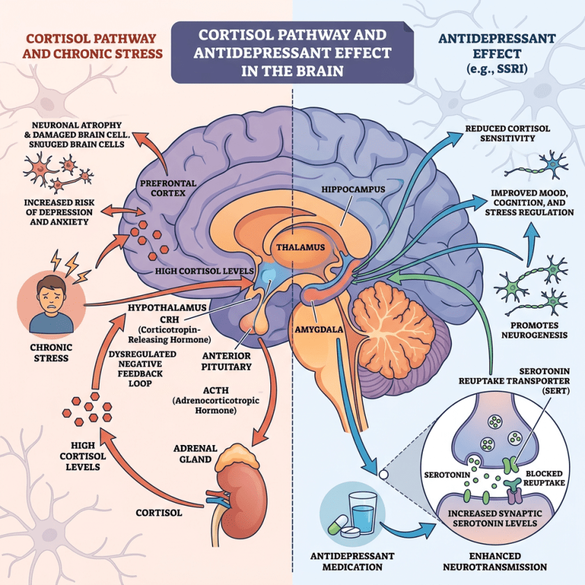 Diagram of brain highlighting cortisol pathway in chronic stress and antidepressant effects with labeled brain regions and hormonal interactions.