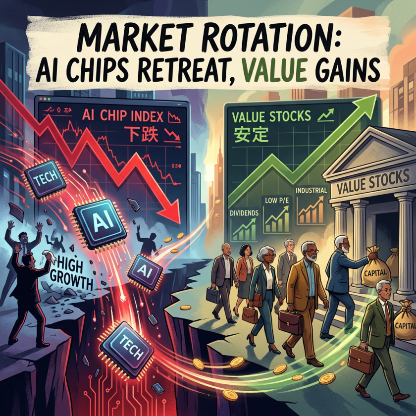 Graph showing AI chip stocks falling and value stocks rising with investors moving towards value stocks