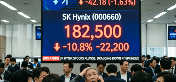 Stock market board showing KOSPI index at 2,541.33, down 1.63%, and SK Hynix shares down 10.8% at 182,500