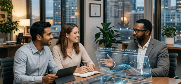 Three people in a business meeting looking at AI financial analytics holograms on a table