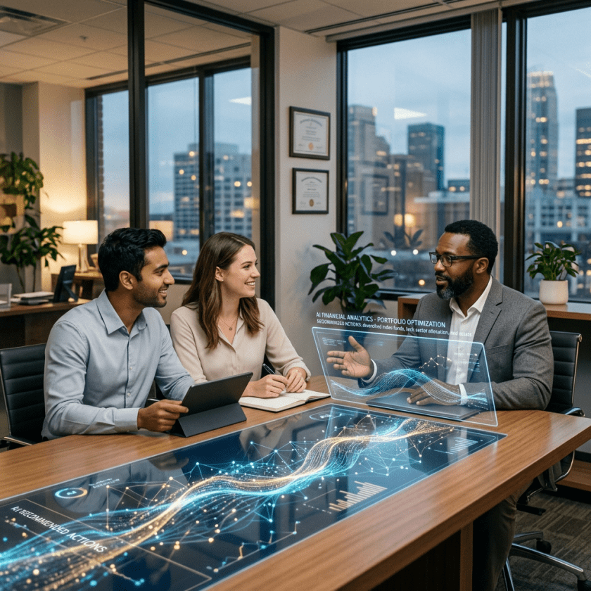 Three people in a business meeting looking at AI financial analytics holograms on a table
