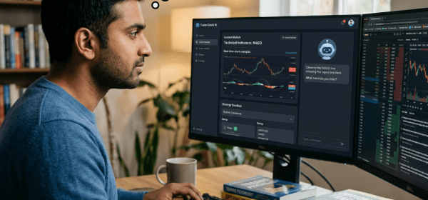 Man analyzing financial charts on computer screens with AI assistant interface