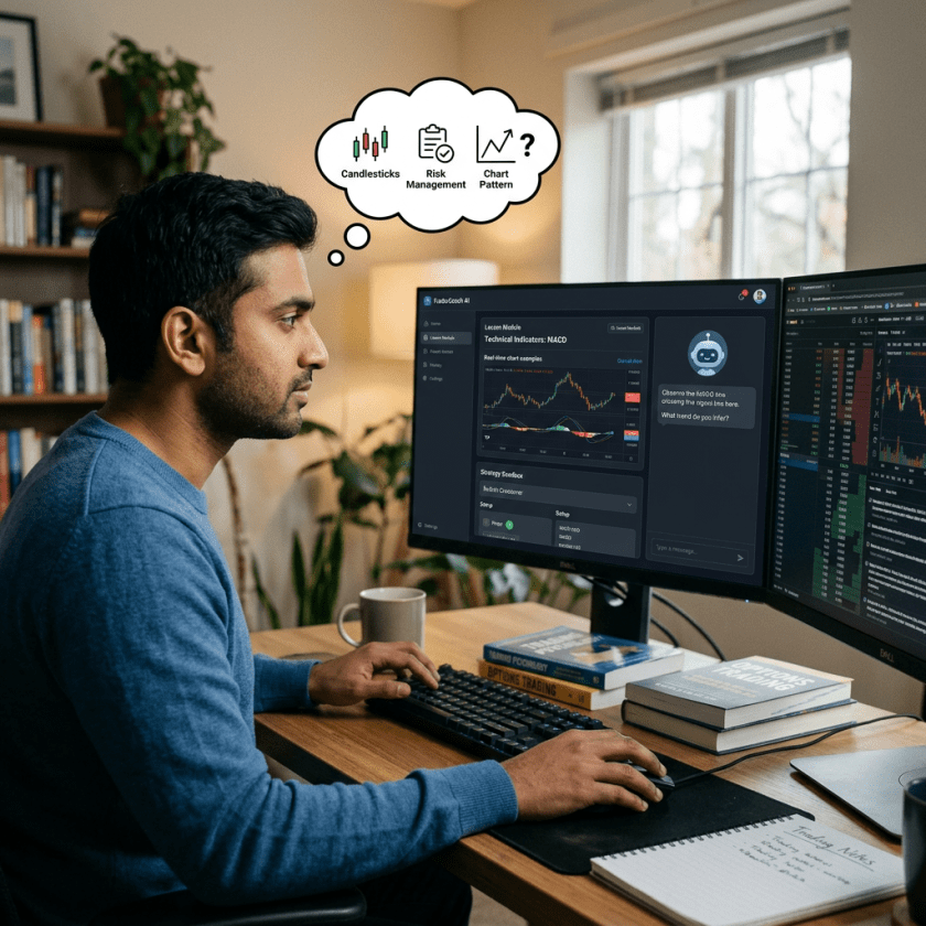 Man analyzing financial charts on computer screens with AI assistant interface