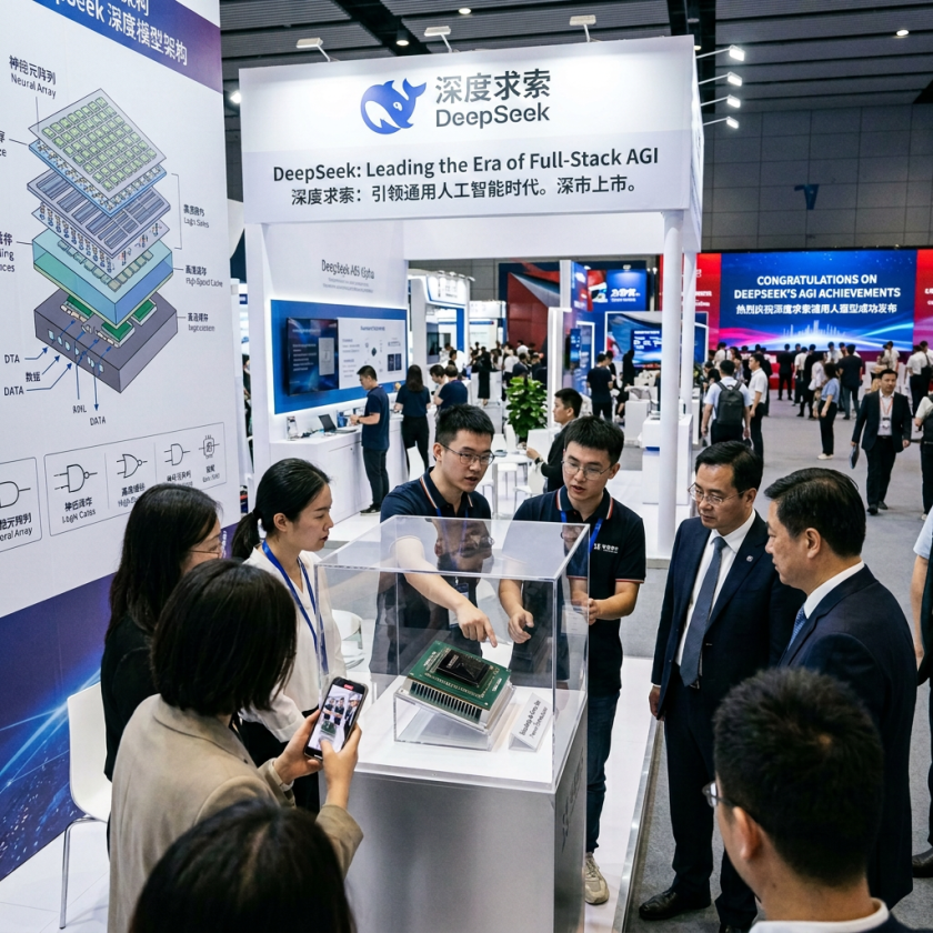 Group examining AI chip inside a clear display case at Huaxing Intellect booth