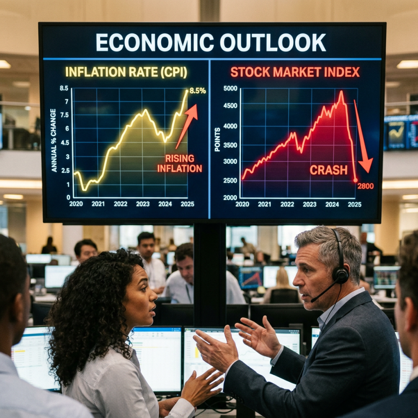 Graphs showing rising inflation rate and stock market crash projections from 2020 to 2025