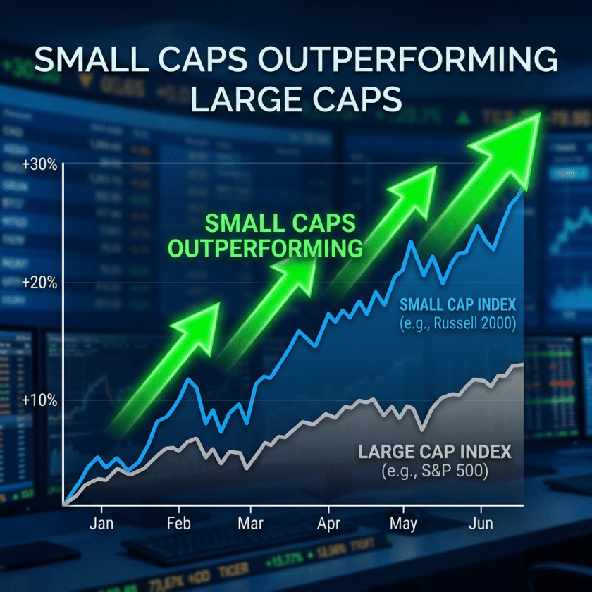Line graph showing small cap index rising faster than large cap index from January to June