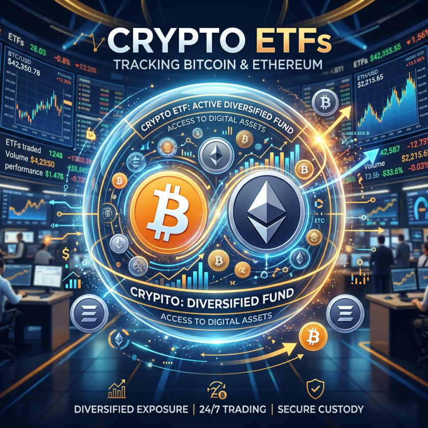 Crypto ETFs with graphs and icons for Bitcoin and Ethereum tracking digital asset performance