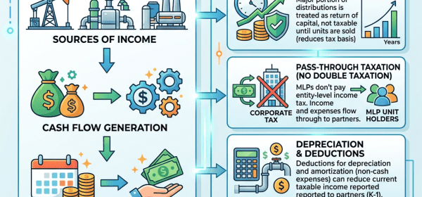 Diagram explaining master limited partnerships income structure and tax benefits including tax-deferred income, pass-through taxation, depreciation deductions, and capital gains potential.