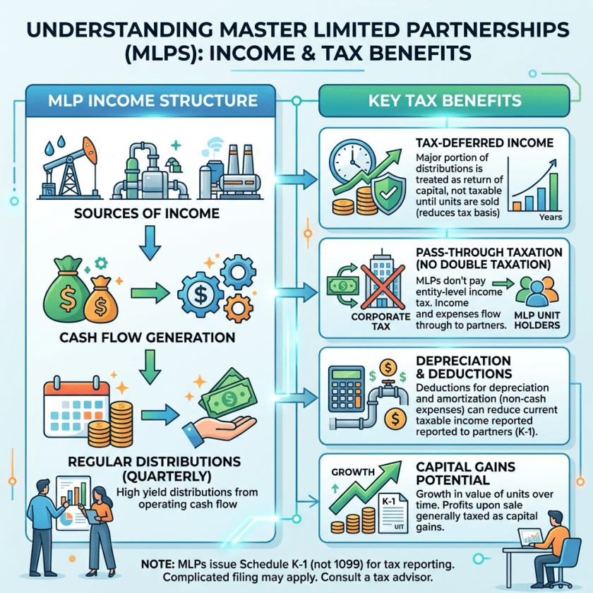Diagram explaining master limited partnerships income structure and tax benefits including tax-deferred income, pass-through taxation, depreciation deductions, and capital gains potential.