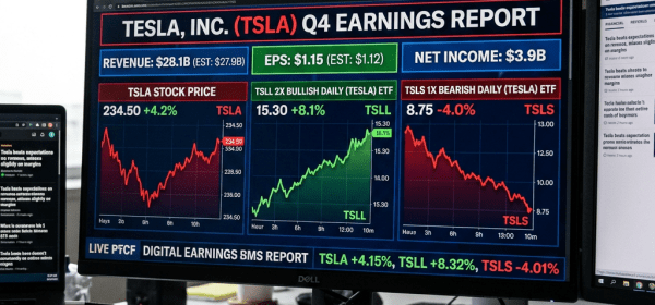 Tesla Q4 earnings report with revenue, EPS, net income, and stock price charts