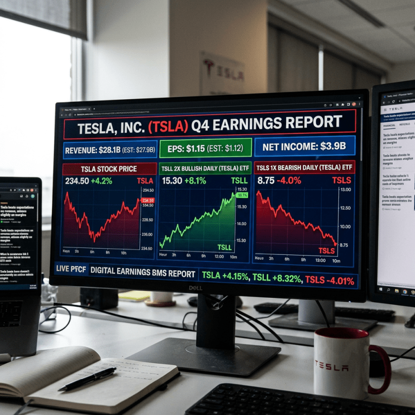 Tesla Q4 earnings report with revenue, EPS, net income, and stock price charts