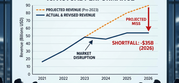 Line graph comparing projected versus actual AI ad revenues from 2021 to 2026 showing a significant shortfall