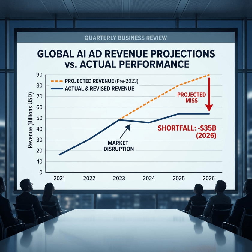 Line graph comparing projected versus actual AI ad revenues from 2021 to 2026 showing a significant shortfall
