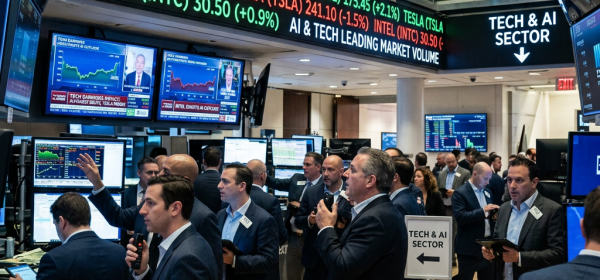 Traders on stock exchange floor with monitors showing tech stock earnings and market data