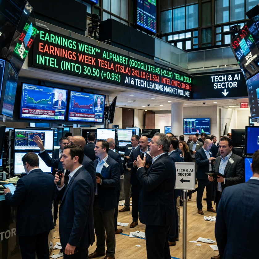 Traders on stock exchange floor with monitors showing tech stock earnings and market data