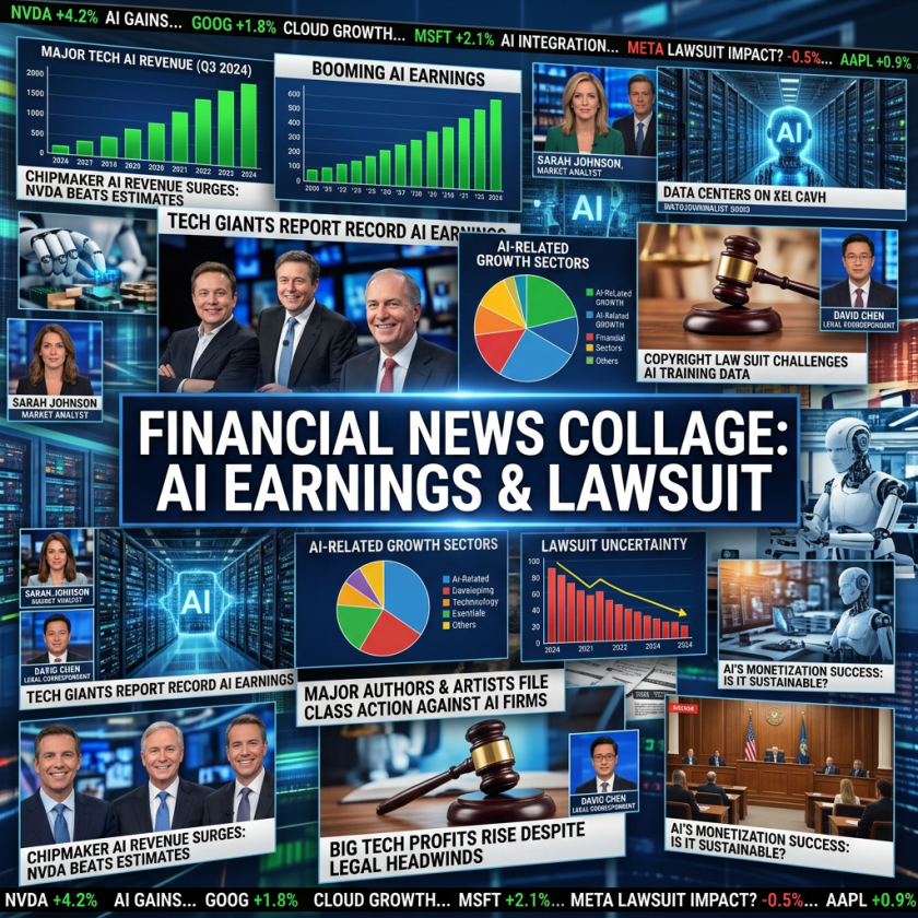 Collage of financial news visuals about AI earnings, growth sectors, and legal challenges