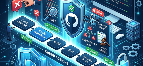 Diagram showing GitHub Actions workflow with code commit, build, test, security scan, approval, and deploy, featuring security enforcement icons and alerts