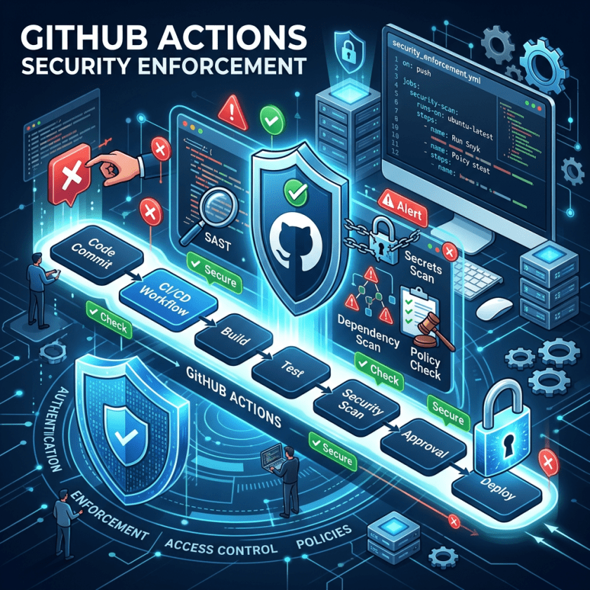 Diagram showing GitHub Actions workflow with code commit, build, test, security scan, approval, and deploy, featuring security enforcement icons and alerts