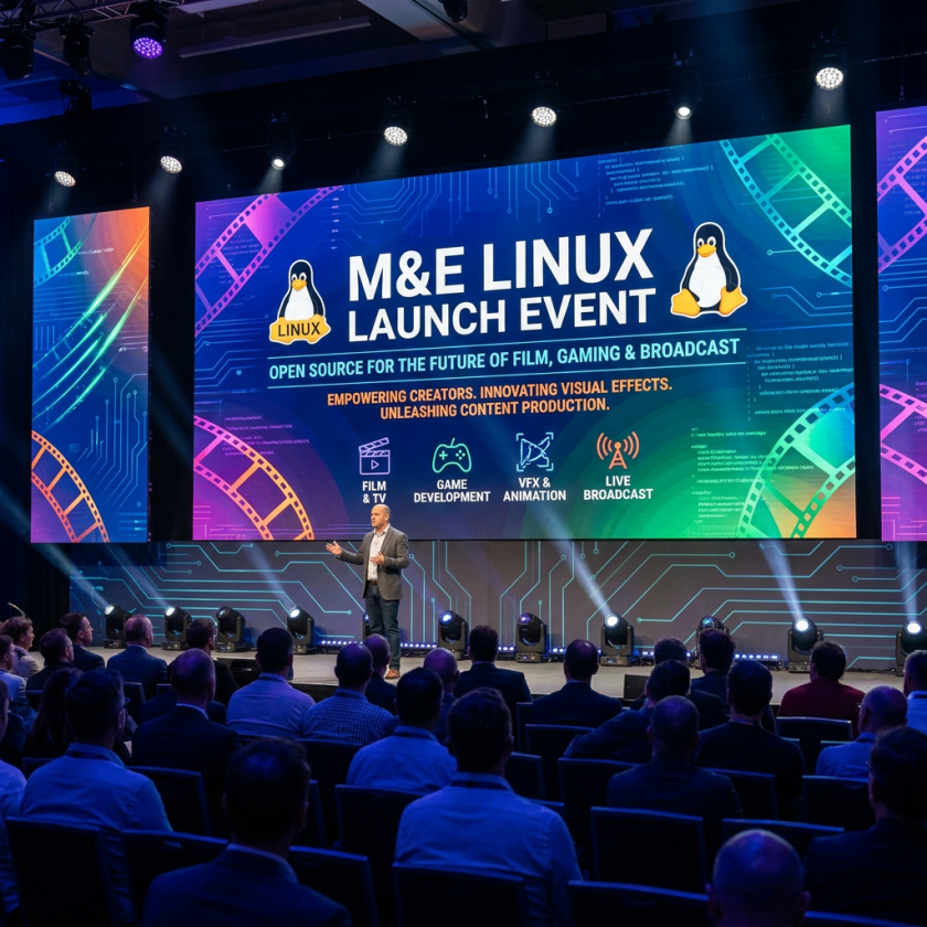 Audience watching a presenter at M&E Linux launch event with large colorful digital screen