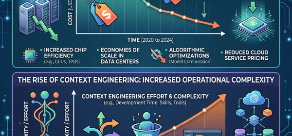 Graph showing AI hardware costs declining and context engineering complexity rising from 2020 to 2024