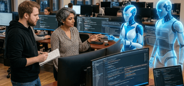 Two developers working with holographic AI robots displaying code screens in an office