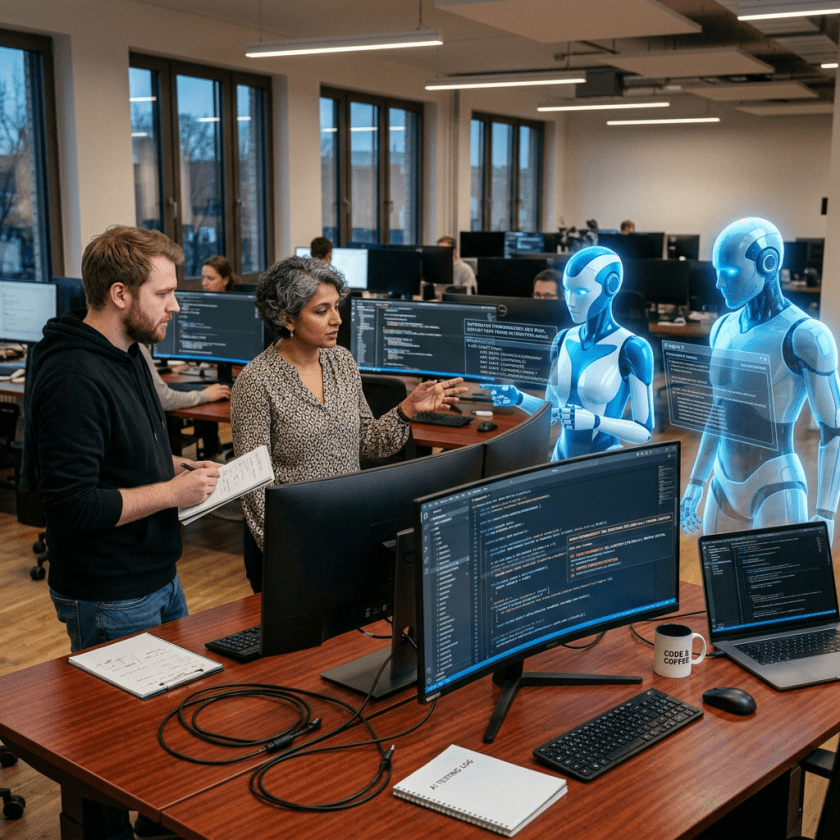 Two developers working with holographic AI robots displaying code screens in an office