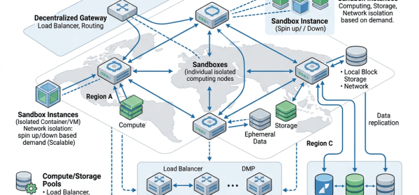 Architecture diagram of scalable decentralized sandbox cloud with regions, load balancers, compute/storage pools, distributed ledger, and data services
