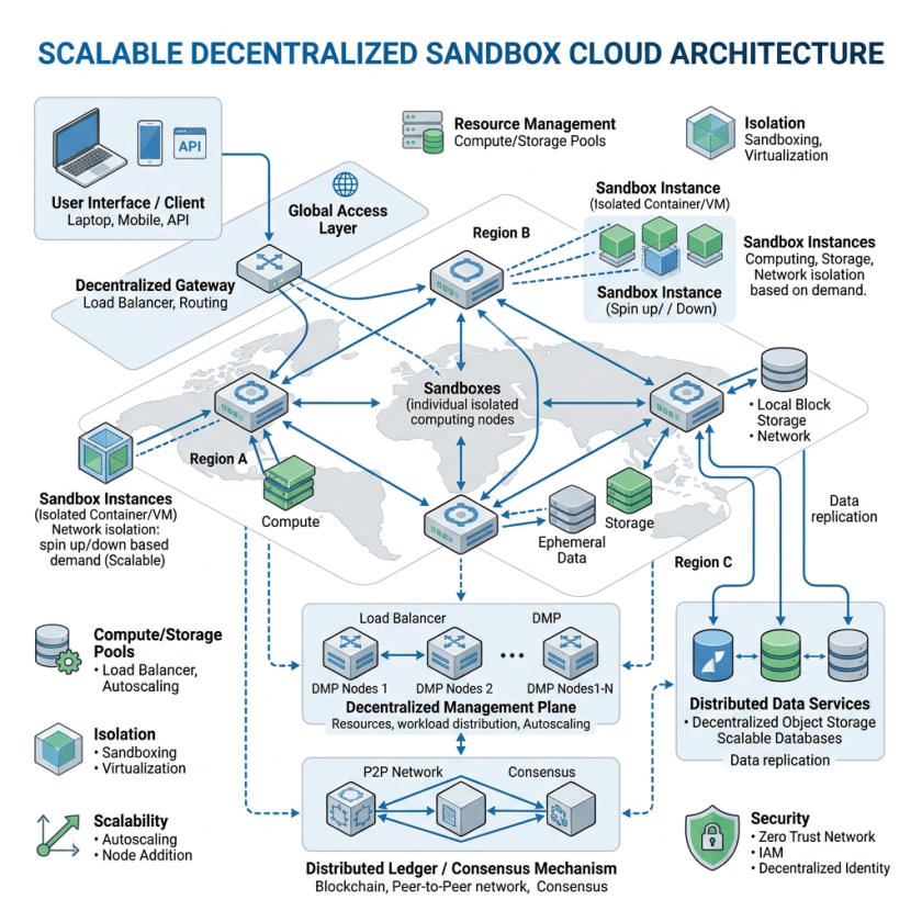 Architecture diagram of scalable decentralized sandbox cloud with regions, load balancers, compute/storage pools, distributed ledger, and data services