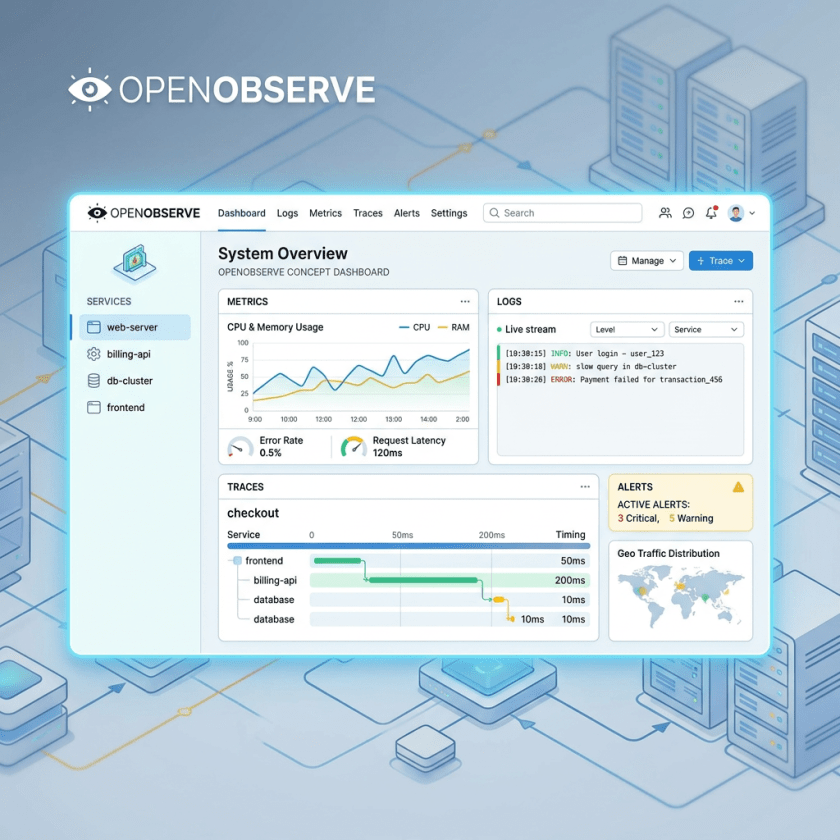 Dashboard with CPU and memory usage graph, live log stream, error rate, request latency, trace timing, active alerts, and geo traffic distribution