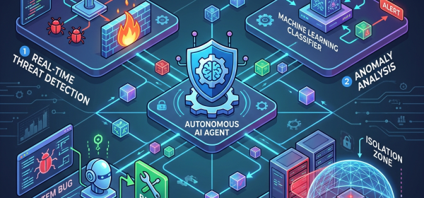 Diagram showing autonomous AI agent cybersecurity process including threat detection, anomaly analysis, vulnerability patching, and isolation zone setup
