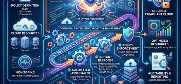 Diagram showing AI-driven auto mode governance engine automating cloud policy enforcement and compliance.