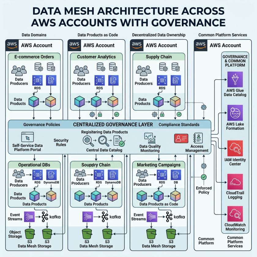 Diagram showing data mesh architecture across AWS accounts with governance, including data domains, governance layer, and platform services