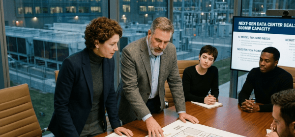 Team reviewing data center layout and project details in meeting room