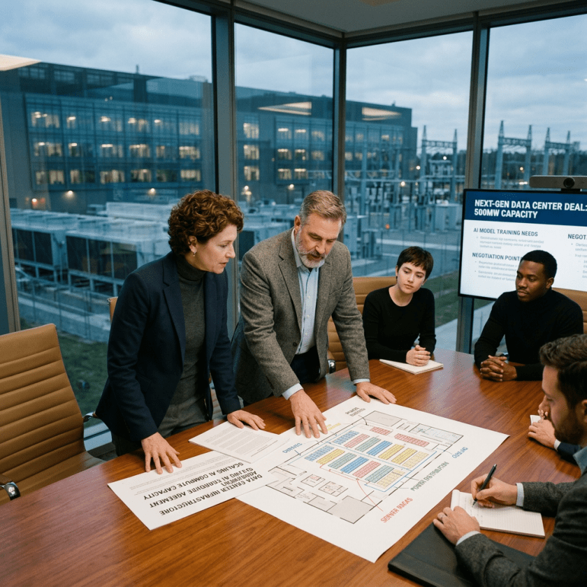 Team reviewing data center layout and project details in meeting room