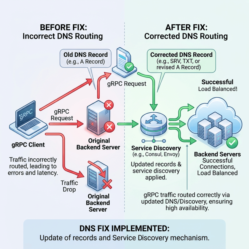 Comparison of incorrect and corrected DNS routing for gRPC client requests showing traffic drop and successful load balancing