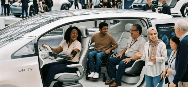 Diverse people interacting with a spacious autonomous vehicle designed for accessibility