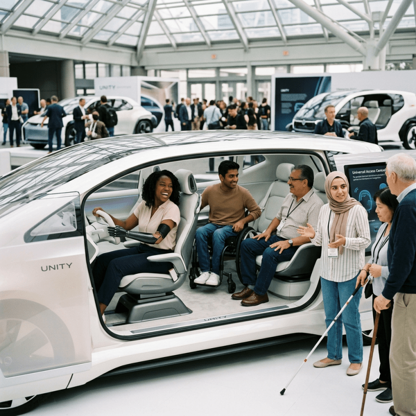 Diverse people interacting with a spacious autonomous vehicle designed for accessibility